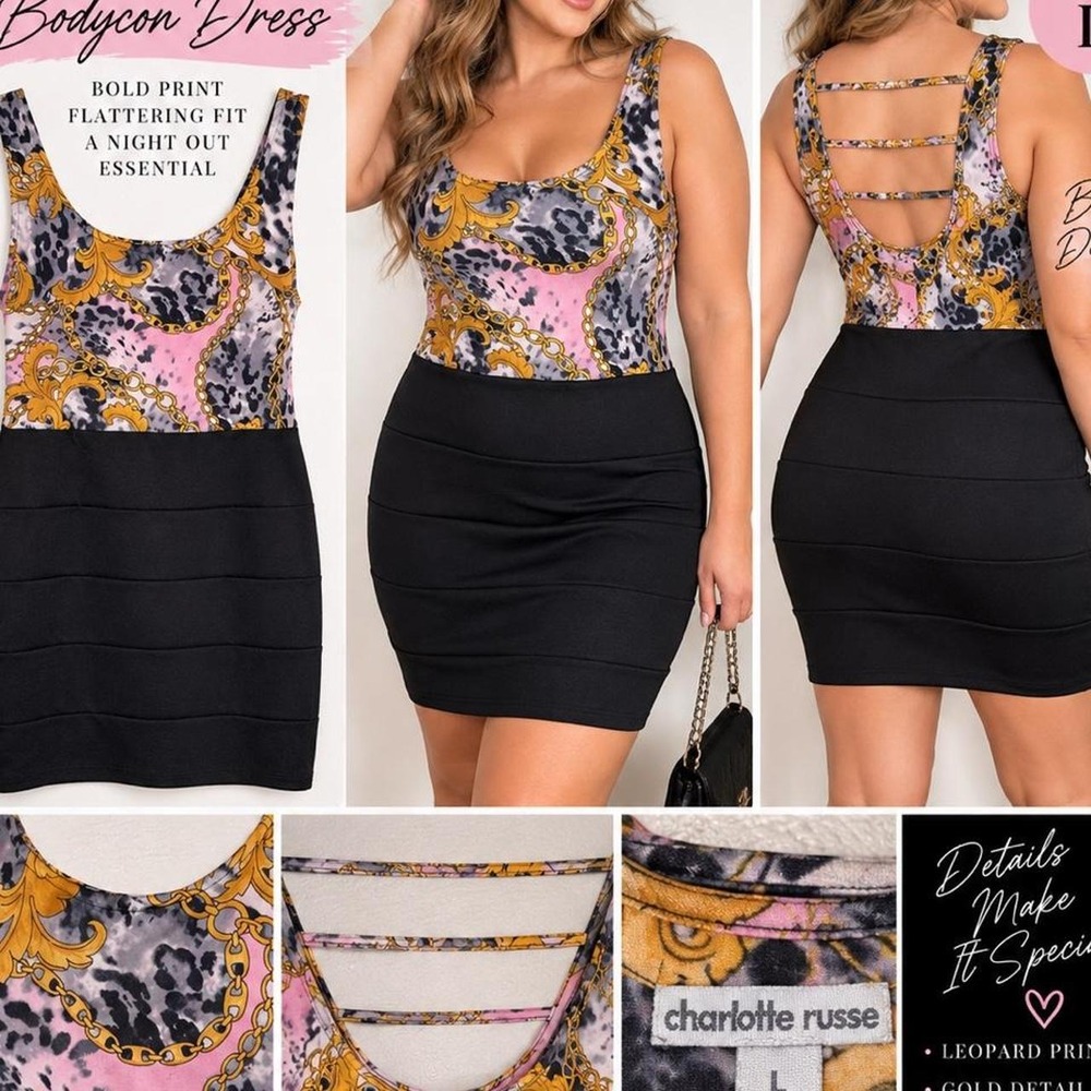 Charlotte Russe Bodycon Animal Print Scoop Neck Sleeveless Black/Gold Dress L